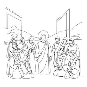 Line art shows Jesus disciples gathered, some kneeling. Drawing depicts apostles listening to Christ, a New Testament moment. Spiritual concept for religious education, church materials,