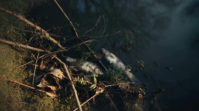 Environmental Tragedy: Two dead fish floating in dark, polluted water by the bank