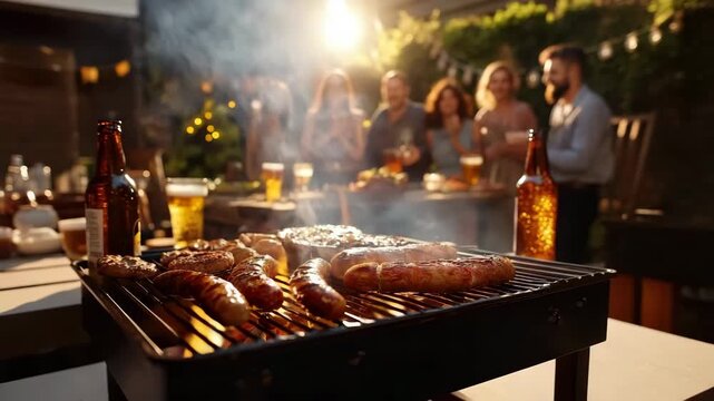 Summer BBQ: Juicy sausages grilling with smoke, people, and sunset lens flare