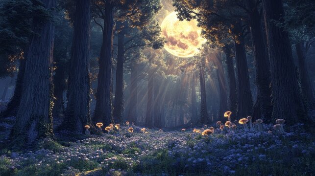 Majestic old-growth forest with towering trees backlit by an enormous harvest moon, casting long shadows across forest floor covered in phosphorescent mushrooms and flowering night-blooming plants