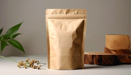 Minimalist Kraft Paper Pouch Packaging Mockup with Natural Elements.