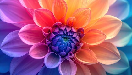 Vibrant dahlia flower with a gradient of rainbow colors.