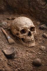 Human Skull Discovered During Archaeological Excavation &ndash; Realistic Scene with Brush and Soil Tools, generative ai