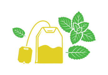 Minimalist icon of a mint tea bag.  Indicating a fresh herbal infusion.  Mentha leaves representation.  Quality design features.  Timeless style.  Vector graphic.