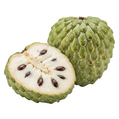 Fresh custard apple with whole and cut views, revealing creamy white flesh and glossy seeds, highlighting tropical texture and natural ripeness for exotic fruit, nutrition, and fresh produce concepts.