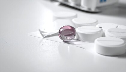 Close-up of a single purple capsule pill on a white surface with other white pills.