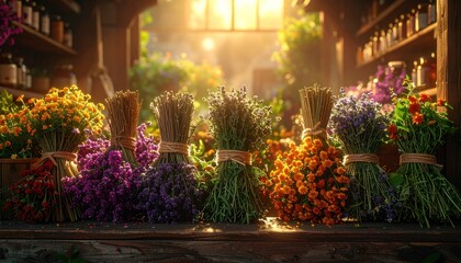 Vibrant Flower Shop Display with Bundled Bouquets and Warm Lighting.