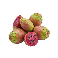 Fresh prickly pear cactus fruits with whole and sliced views, revealing vibrant red flesh and seeds, showcasing exotic tropical produce, natural texture, and nutritious edible fruit.