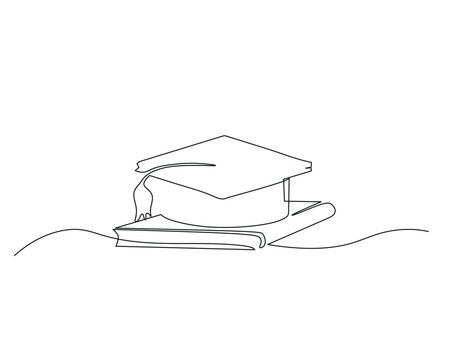 - Graduation cap resting on closed book drawn in minimalist continuous line style for education themes