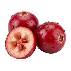 Fresh ripe cranberries shown whole and halved, revealing glossy red skin, juicy flesh, and seeds, highlighting natural texture, tart flavor, and antioxidant richness for food and nutrition concepts.