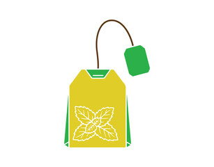 Minimalist icon of a mint tea bag. Symbol for a fresh herbal beverage. Mentha leaves graphic. Quality design components. Classic style. Vector representation.