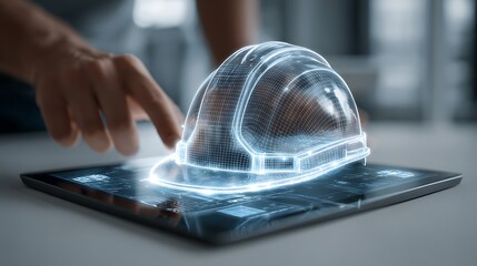 A hand interacts with a holographic construction helmet projection on a tablet