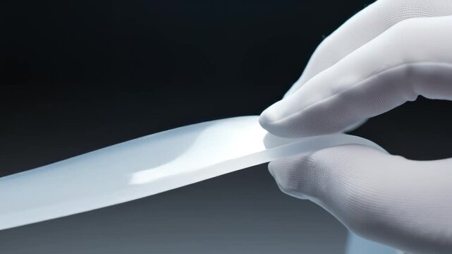 Gloved hand holding flexible material