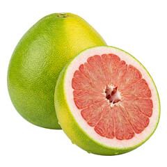 Fresh ripe pomelo shown whole and halved, revealing juicy pink citrus segments and thick green rind, highlighting natural freshness, vitamin richness, and vibrant texture.