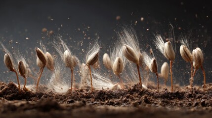 Seeds sprouting in soil with dynamic time lapse effect, showing growth potential and natural energy, earthy background, hope and renewal