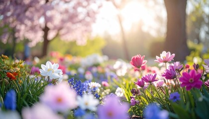 Vibrant Spring Flowers in a Sunny Garden Landscape.