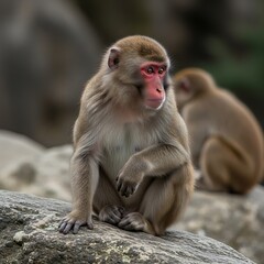 Fototapeta premium Japanese Macaque Contemplation - A Moment of Serenity in the Wild.