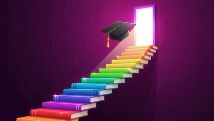 Graduation cap floating over colorful book staircase in vibrant purple light success education