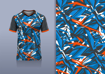 T-shirt mockup with abstract stripe line sport jersey design for football, soccer, racing, esports, running, in blue orange color