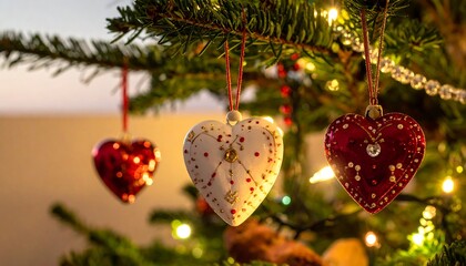 Close-up of Heart-Shaped Christmas Ornaments Hanging on a Decorated Tree.