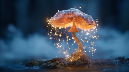 Glowing mushroom with particles of light, set against a blurred and moody, dark environment