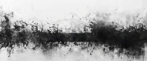 A dark horizontal band blends with nebulous, splattered black and gray shapes on a white background