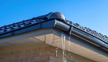 Water Overflowing from Gutter System on House Roof.