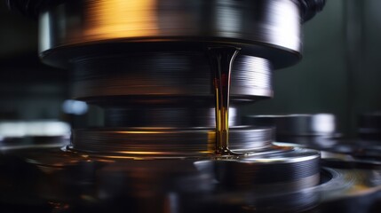 crankshaft lubrication process, dark oil coating rotating metal, realistic motion blur, calm industrial atmosphere, high mechanical accuracy