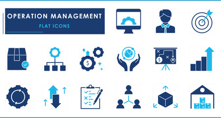 A set of flat icons related to Operation Management. Business, task, manager, growth, income, task, workflow, target, expand, and so on.