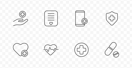 Medical care set icon. Hand with cross, health document, mobile app, shield, heart with cross, heartbeat, round cross, pills in clinical healthcare line style.