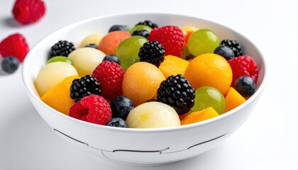 Colorful Fruit Salad in White Bowl on White Background.