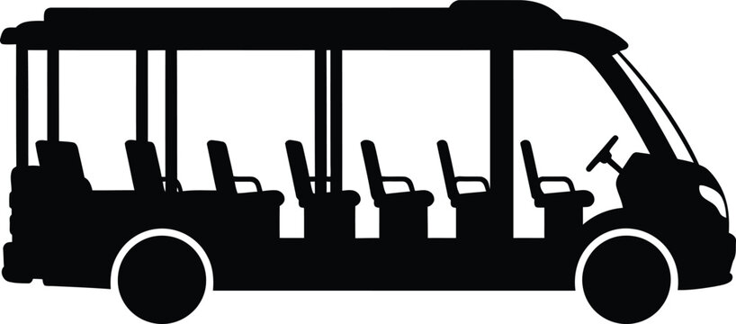 Black silhouette of a modern electric resort shuttle bus icon or sightseeing vehicle for passenger transfer service isolated on a white background.