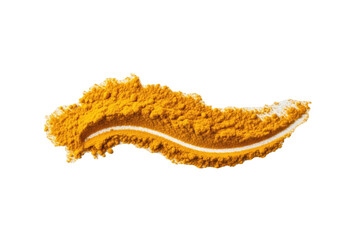 Fototapeta premium Bright yellow turmeric powder with fine granular texture, scattered in an irregular, elongated streak on a transparent studio background, concept of culinary freshness
