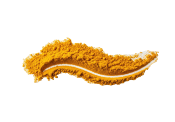 Bright yellow turmeric powder with fine granular texture, scattered in an irregular, elongated streak on a transparent studio background, concept of culinary freshness