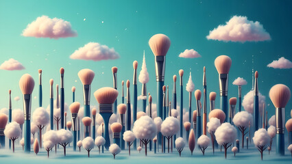 Surreal landscape of makeup brushes with fluffy clouds