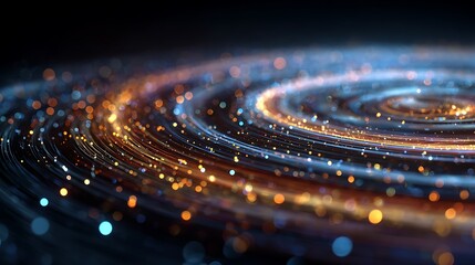 Artistic depiction of swirling energy, light trails, and bokeh effects on a dark background