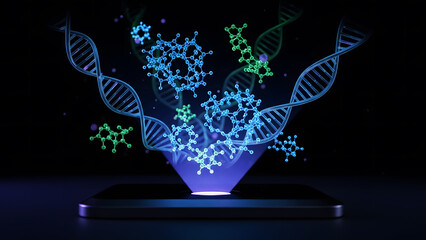 Smartphone Displaying Holographic DNA and Molecular Models