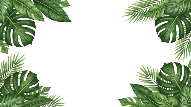 Tropical leaf border design with monstera and palm leaves