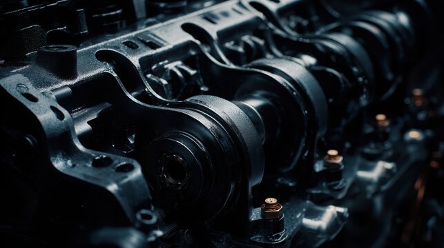 engine crankcase interior, blackened motor oil coating metal parts, subtle reflections, clean engineering aesthetic, realistic lighting, no dirt