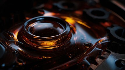 engine oil oxidation concept, darkened oil under heat influence, abstract technical visualization, controlled lighting, professional educational style