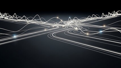 Futuristic Digital Data Stream Glowing White Wavy Lines and Light Trails on Dark Reflective Surface.