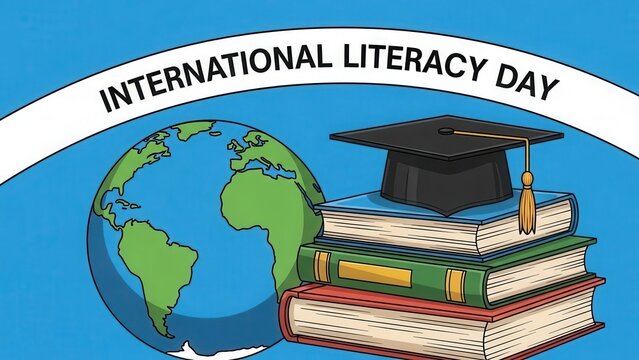 International Literacy Day Concept with Graduation Cap and Stack of Books on World Map Background - Powered by Adobe