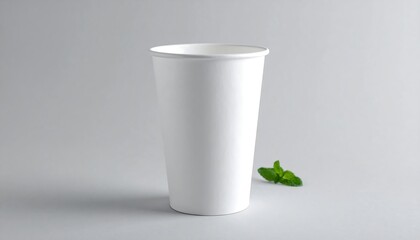 Minimalist White Paper Cup with Green Mint Leaves on Gray Background.