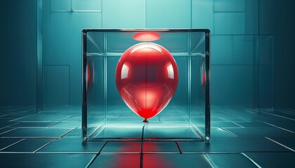 single red balloon floating inside a transparent cube