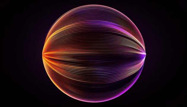 a semi transparent gradient sphere made of purple and orange wavy lines on a black background - Powered by Adobe