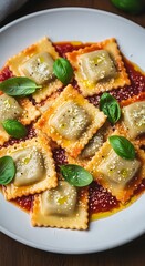 Delicious Ravioli with Tomato Sauce and Basil on a White Plate.