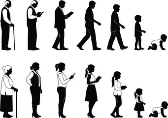 Human Life Cycle Silhouette Set Showing Aging Process From Baby To Elderly For Healthcare Sociology And Family Concept