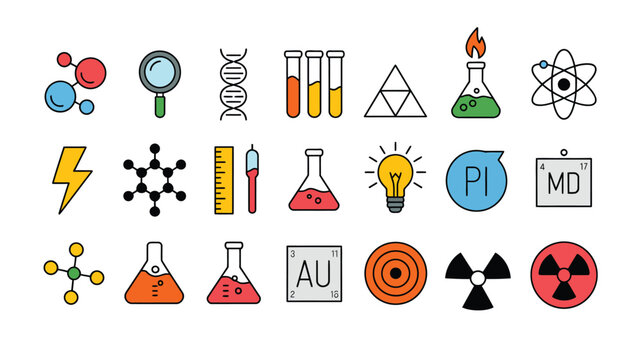 Colorfull science doodle icon set for education and school use, showcasing chemistry equipment, biology symbols, math signs, learning tools, and creative hand drawn illustrations