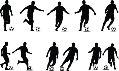 Set Of Professional Soccer Player Silhouettes In Action Dribbling And Kicking Football For Sports Competition And Graphic Design