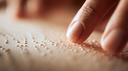 Human fingers gently reading Braille dots on paper, natural skin texture, shallow depth of field, empathy and accessibility concept, soft warm light